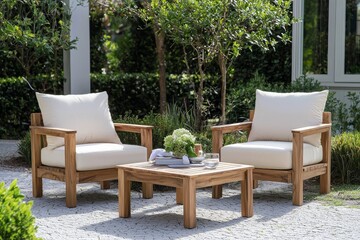 Obraz premium Greenfield outdoor teak wood lounge chairs with cream cushions and side table set made of rustic stained acacia wood, perfect for garden or patio