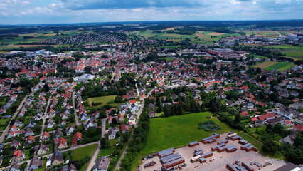 Aerial view of the downtown of the city Mertingen in Germany on a sunny morning in summer	