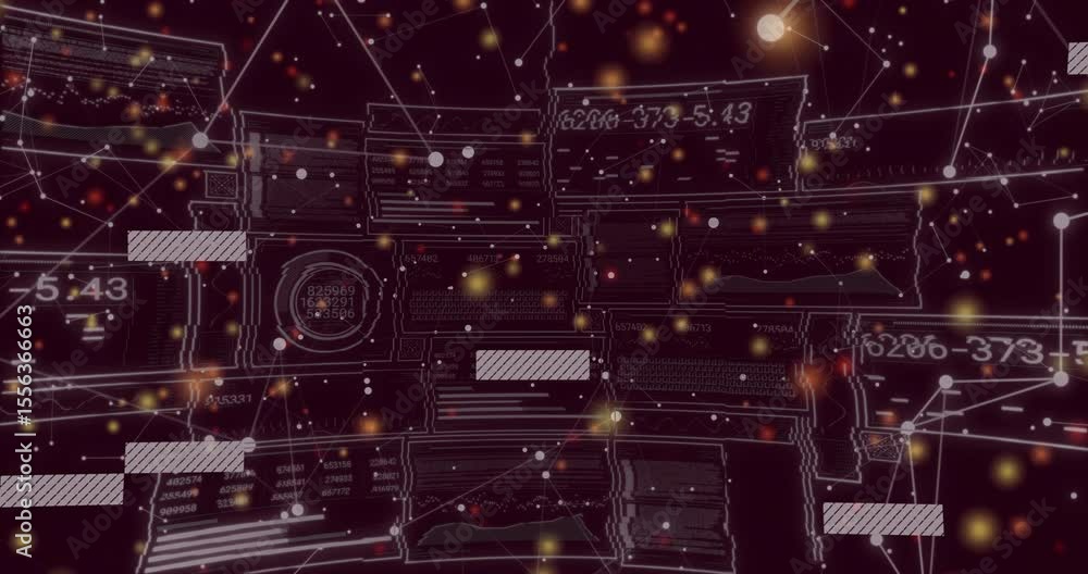 Poster when data arrives, network nodes pulsing, bars shifting, numbers updating visualizing data flow