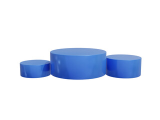 Set of 3d blue plastic cylinder stand podium on transparent background. Glossy cylinder mockup, pedestal platform for product showcase.