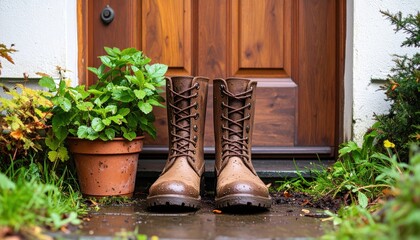 Brown Boots On Wet Doorway With Plants
