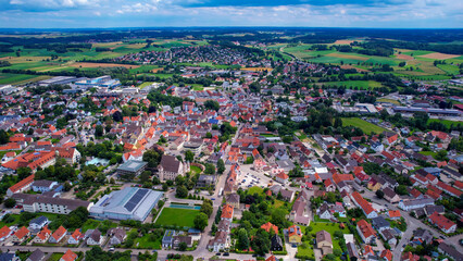 Aerial view of the downtown of the city Wertingen in Germany on a sunny morning in summer	