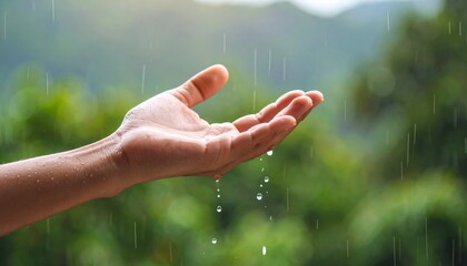Hand Catching Rain Drops In Nature