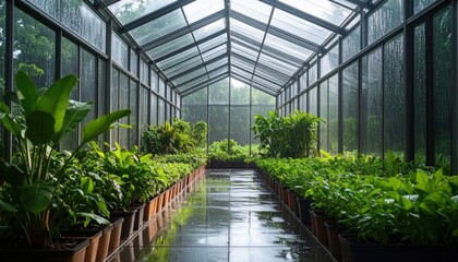 Rainy Greenhouse With Lush Plants