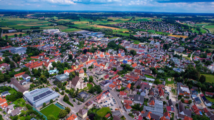 Aerial view of the downtown of the city Wertingen in Germany on a sunny morning in summer	