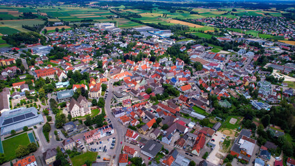 Aerial view of the downtown of the city Wertingen in Germany on a sunny morning in summer	
