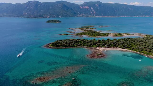 Aerial view of Lichadonisia which is island popular with boat trippers. the Greek Bahamas, in North Evia, Greece
