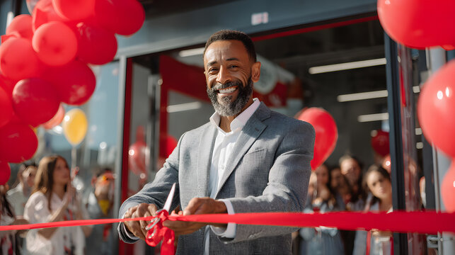 Business Owner Smiling While Cutting Red Ribbon at Store Opening for Event Promotion