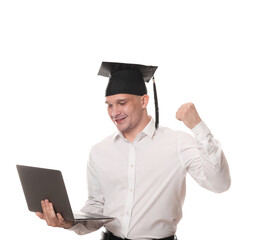 Happy student with laptop after graduation on white background