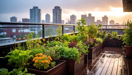 Urban Rooftop Garden In Rain At Sunset