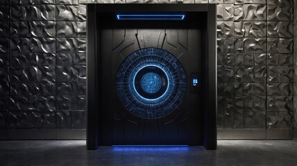Modern Entryway With Illuminated Circular Door Set Against Textured Wall, Creating a Futuristic Atmosphere in a Dimly Lit Space