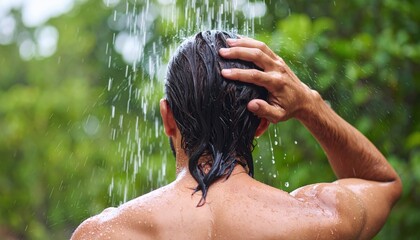 Man Washing Hair Under Outdoor Shower In Nature