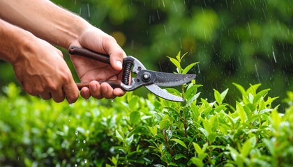 Hands Pruning Green Lush Hedge In Rain