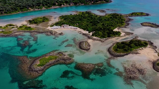 Aerial view of Lichadonisia which is island popular with boat trippers. the Greek Bahamas, in North Evia, Greece
