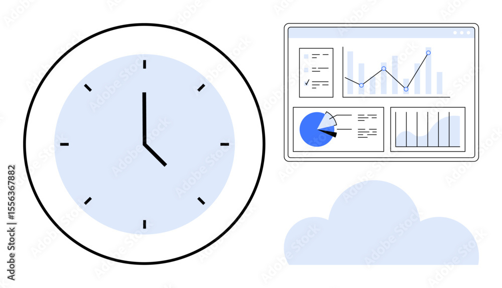Poster clock, analytics dashboard with charts, and cloud element symbolize productivity, data insights, rem