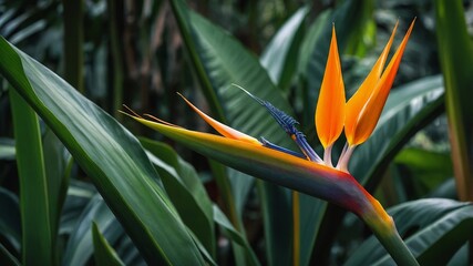 Bright Orange Bird of Paradise Flower Stands out Among Lush Green Foliage in a Tropical Garden During Daylight Hours