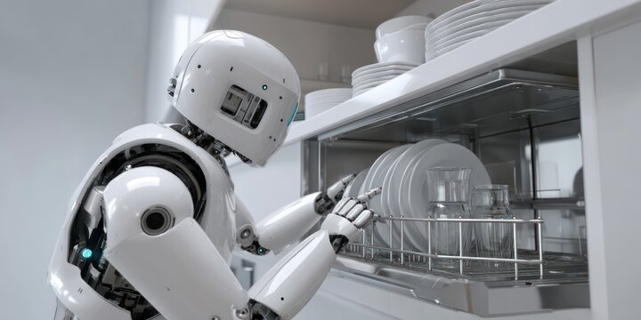 Robot doing dishes in dishwasher future technology home automation ai concept design