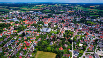 Aerial view of the downtown of the city Wertingen in Germany on a sunny morning in summer	