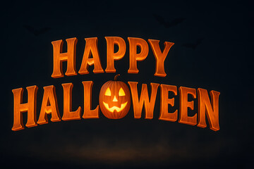 Happy Halloween Text with Glowing Jack O’ Lantern Face and Spooky Orange Lighting