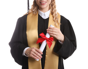 Happy student with diploma after graduation on white background, closeup