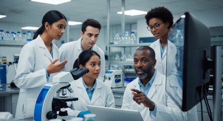 Diverse Team of Scientists Collaborating on Research in Modern Laboratory