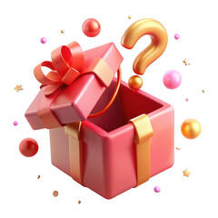 Open red gift box with golden question mark and floating spheres isolated on transparent background