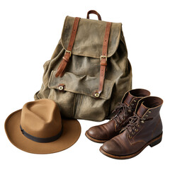 Backpack with boots and hat isolated on transparent background
