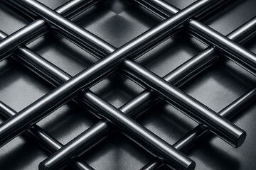 Interwoven Steel: An artistic interplay of steel rods, intersecting to form a complex geometric pattern, highlighting the texture and metallic luster of modern industrial materials.