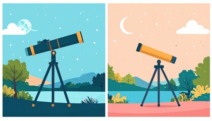 Pixel Art Telescopes On A Landscape At Night