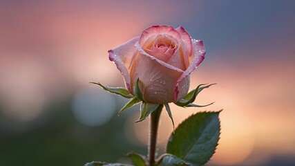 Beautiful Pink Rose With Dew Against a Colorful Sunset Background in a Serene Garden Setting