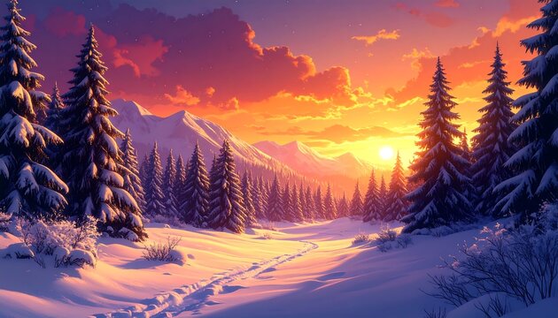 Winter sunrise in a snowy forest