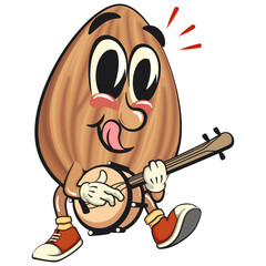 cute almond mascot cartoon vector illustration playing the banjo musical instrumen, isolated nut character for healthy food branding, packaging, and snack advertisement, work of hand drawn