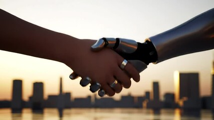 Human robot handshake sunset city - Powered by Adobe