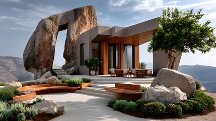Desert mountain home with large arch and seating area high resolution picture