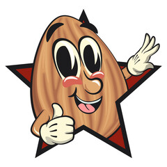 cute almond mascot cartoon vector illustration out from of a star by giving a thumbs up sign, isolated nut character for healthy food branding, packaging, and snack advertisement, work of hand drawn
