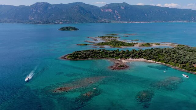 Aerial view of Lichadonisia which is island popular with boat trippers. the Greek Bahamas, in North Evia, Greece