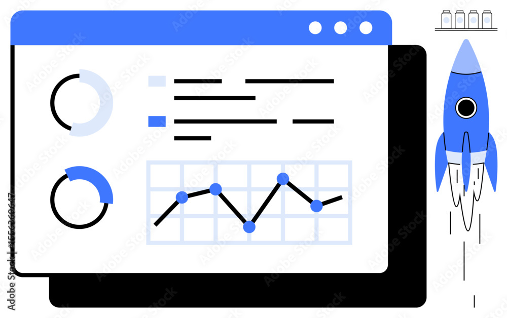 Poster rocket launching next to browser window showing analytics dashboard with line graph, pie charts, dat