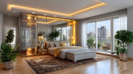 Elegant bedroom space with soft mood lighting high resolution image