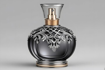 Elegant black perfume bottle with silver leaf detailing high resolution picture