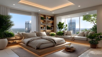 Elegant bed with indoor plants and shelves high resolution picture