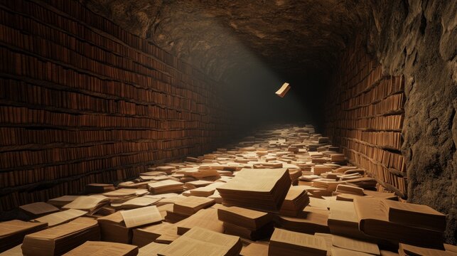 Underground library tunnel with books and light beam digital art background image