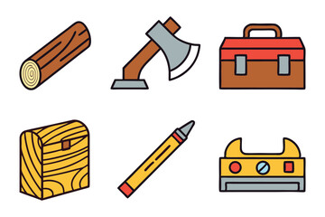 Six Woodworking Theme Color Vector Icons Log Axe Toolbox Pencil
