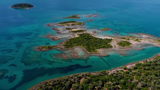 Aerial view of Lichadonisia which is island popular with boat trippers. the Greek Bahamas, in North Evia, Greece