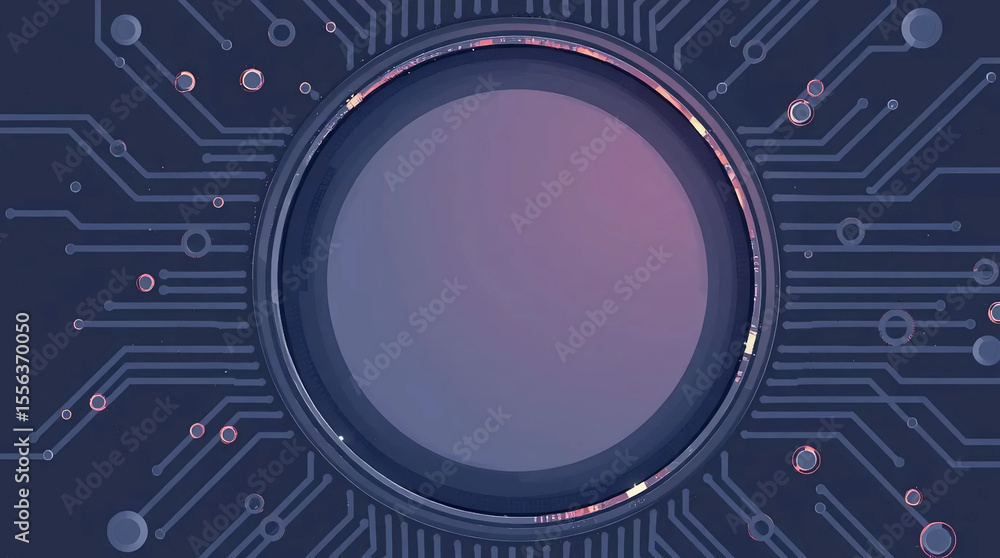 Poster rotating digital circuit platform with concentric rings and glowing futuristic hud interface
