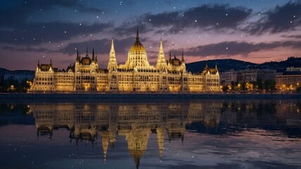 Obraz premium Stunning Night View of the Hungarian Parliament Building Reflecting on the Danube River Under a Starry Sky