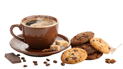 Delicious coffee and cookies image for breakfast or snack time with chocolate and sugar cubes photo art 100 isolated on transparent background