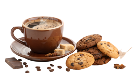 Delicious coffee and cookies image for breakfast or snack time with chocolate and sugar cubes photo art 100 isolated on transparent background