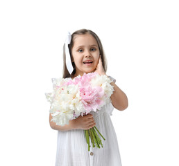 Cute little girl with bouquet of beautiful peonies on white background