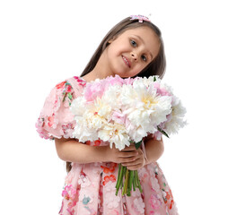 Cute little girl with bouquet of beautiful peonies on white background