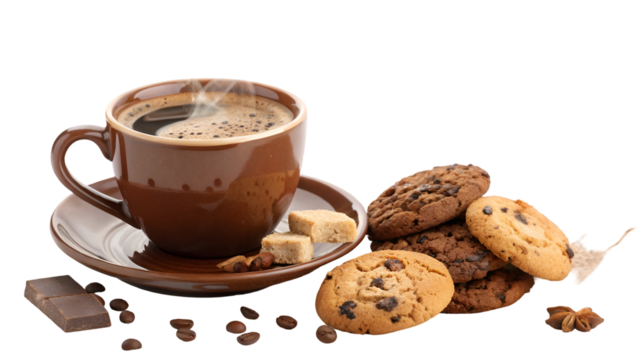Delicious coffee and cookies image for breakfast or snack time with chocolate and sugar cubes photo art 100 isolated on transparent background